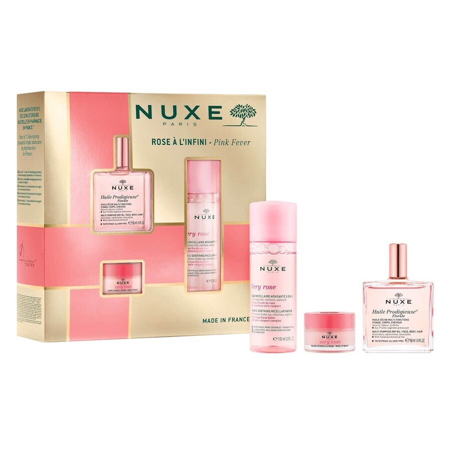 Nuxe Bestsellers set Huile Prodigieuse Florale, dry oil, 50 ml + soothing 3-in-1 micellar water, 100 ml + rose lip balm, 15 g