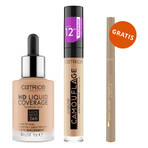 Catrice HD Liquid Coverage Foundation 24H, fondotinta liquido, 040 Warm Beige, 30 ml + correttore liquido, 015 Honey, 5 ml + matita per sopracciglia in omaggio