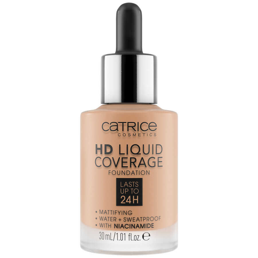 Catrice HD Liquid Coverage Foundation 24H, fondotinta liquido, 040 Warm Beige, 30 ml + correttore liquido, 015 Honey, 5 ml + matita per sopracciglia in omaggio