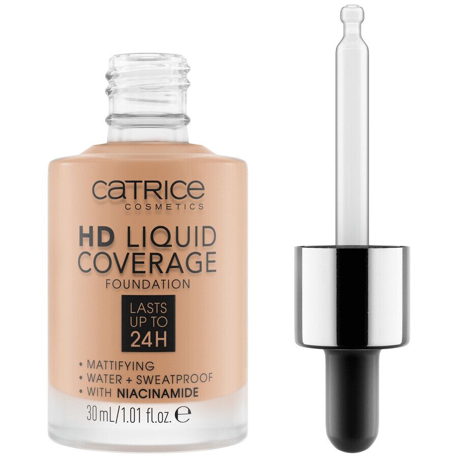 Catrice HD Liquid Coverage Foundation 24H, fondotinta liquido, 040 Warm Beige, 30 ml + correttore liquido, 015 Honey, 5 ml + matita per sopracciglia in omaggio