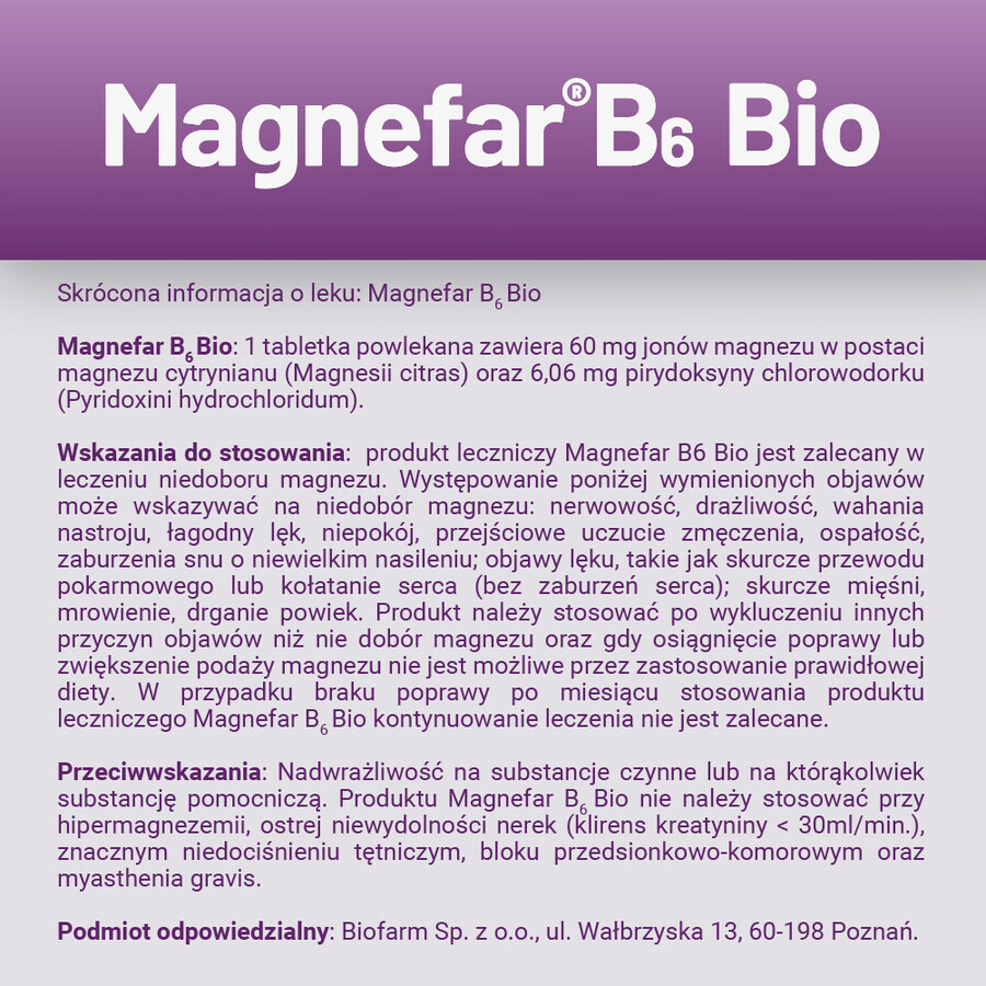 Magnefar B6 Bio 60 mg + 6,06 mg, 60 compresse rivestite con film