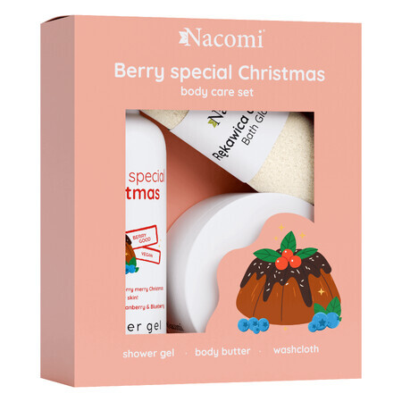 Set natalizio speciale Nacomi Berry, gel doccia 300 ml + burro corpo 100 ml + guanto da bagno