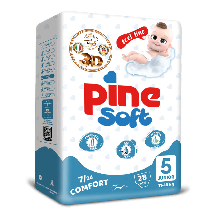 Pine Soft 3D, luiers, maat 5, Junior, 11-18 kg, 28 stuks