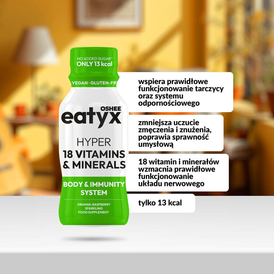 OSHEE Eatyx Hyper 18 Vitamins & Minerals Booster, aromă de portocale și zmeură, 100 ml