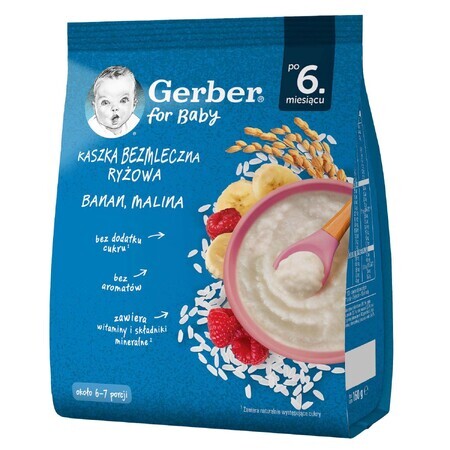 Gerber Cereali con riso, banana, lamponi, senza latte, senza zuccheri aggiunti, dopo 6 mesi, 160 g