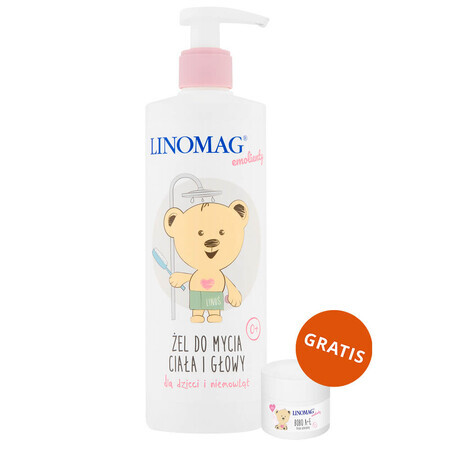 Linomag Emolients, gel detergente per corpo e testa per neonati e bambini a partire da 1 giorno di vita, 400 ml + crema protettiva, 15 ml in omaggio