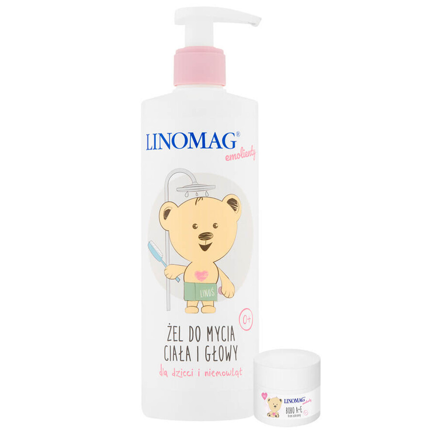 Linomag Emolients, gel detergente per corpo e testa per neonati e bambini a partire da 1 giorno di vita, 400 ml + crema protettiva, 15 ml in omaggio