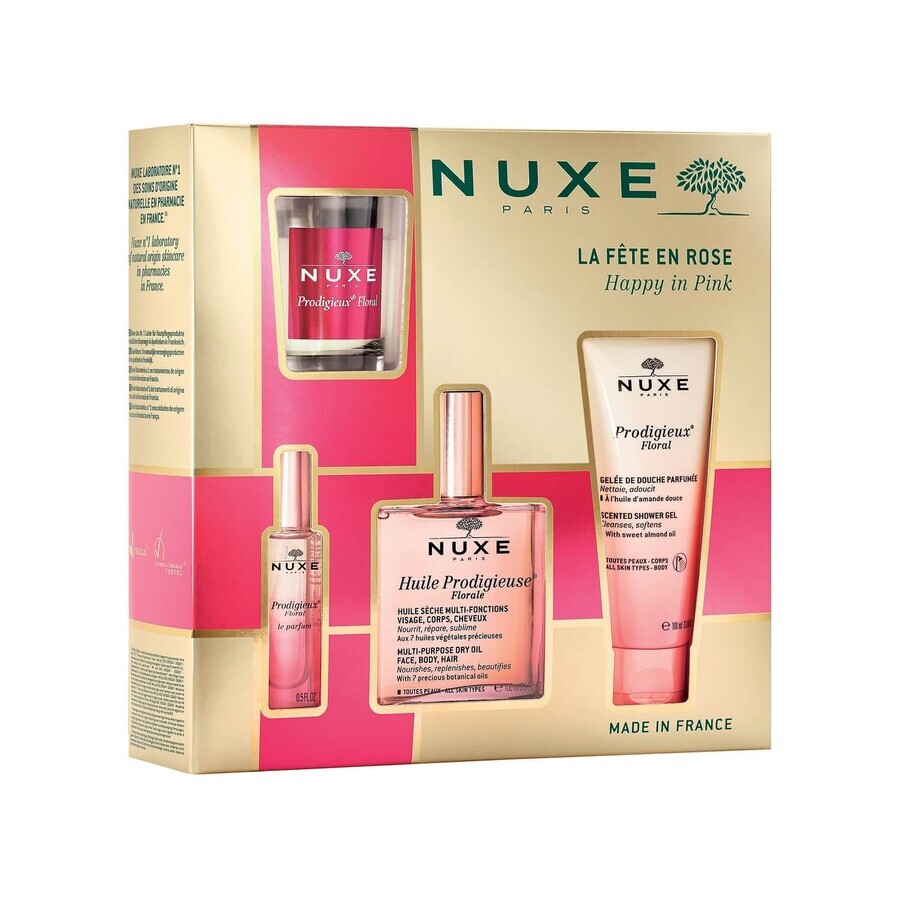 Nuxe Prodigieuse Floral Cult Set, olio secco, 50 ml + gel doccia, 100 ml + profumo, 15 ml + candela profumata, 70 g