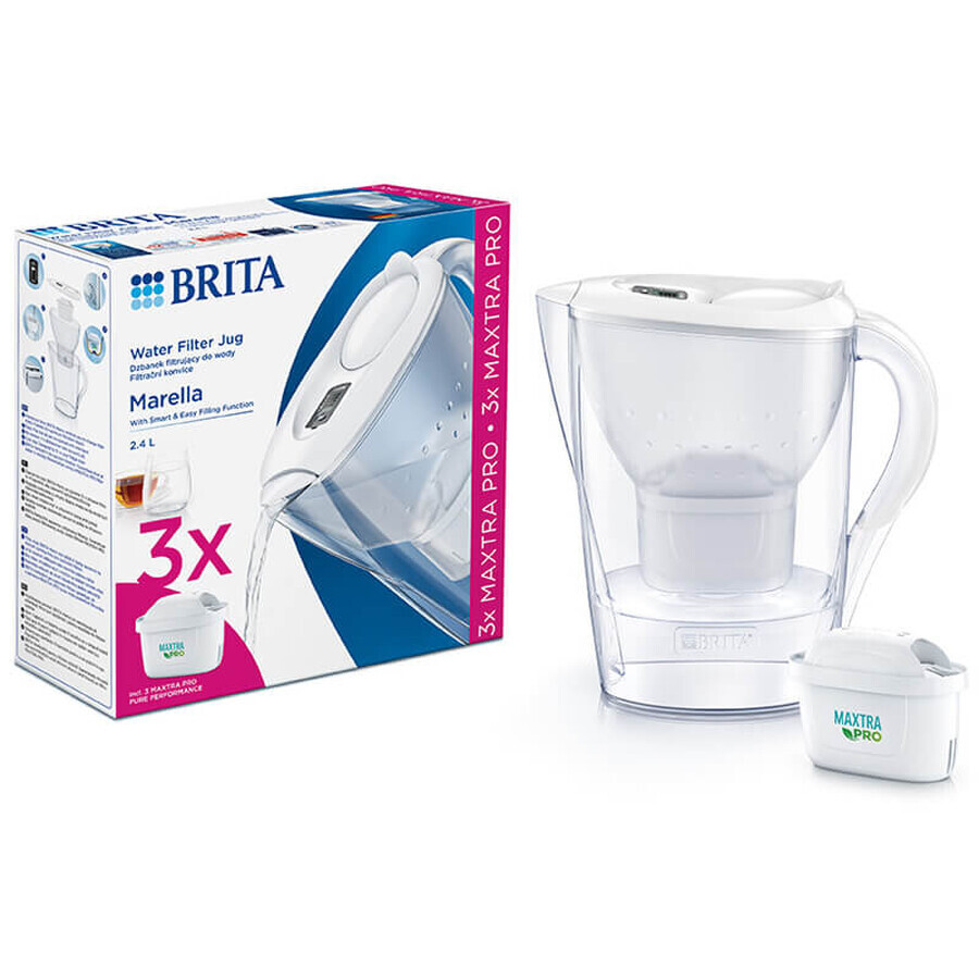 Brita Marella, caraffa con filtro 2,4 litri, bianco + filtro Maxtra Pro Pure Performance Pure Performance, 3 pezzi