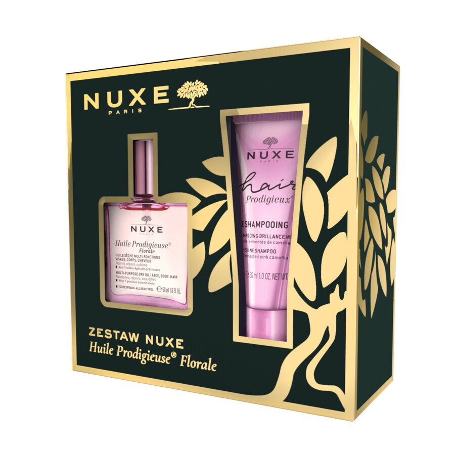 Set Nuxe Huile Prodigieuse Florale, droge olie voor lichaam, gezicht en haar, 50 ml + Hair Prodigieux, glanzende shampoo, 30 ml