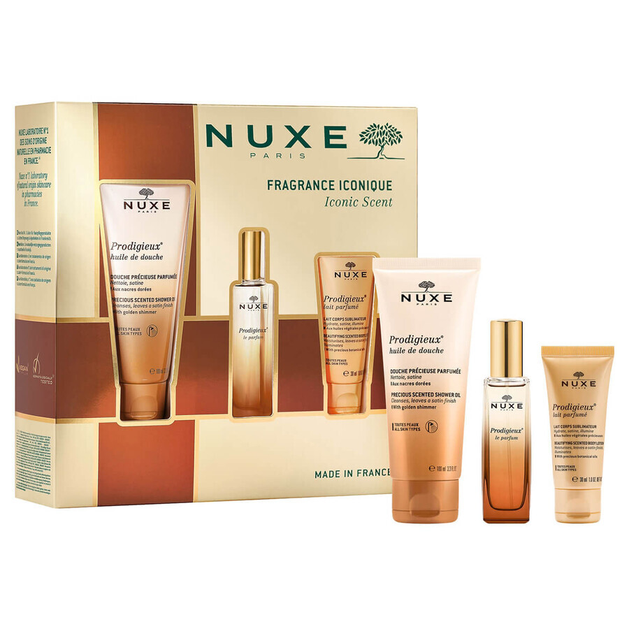 Set di profumi Nuxe Prodigieuse, fragranza, 30 ml + olio doccia, 100 ml + latte corpo profumato, 30 ml