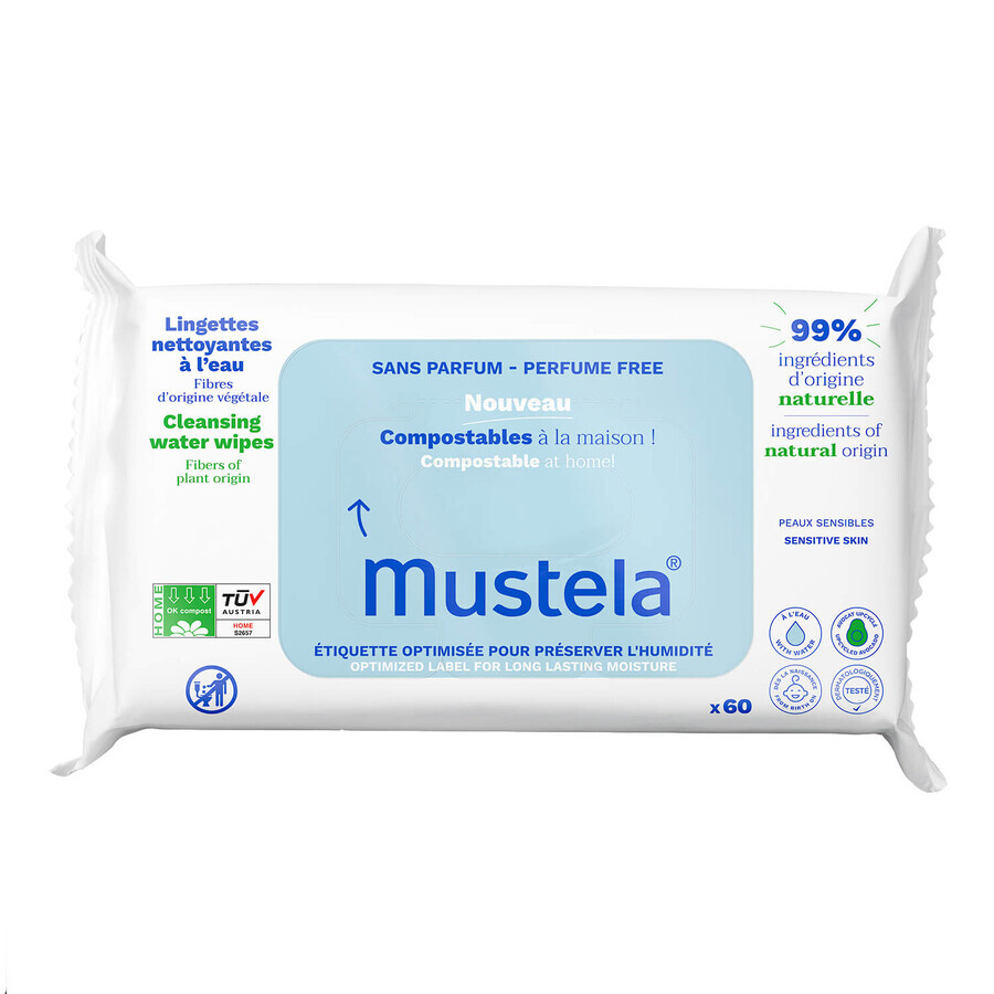 Mustela, lingettes nettoyantes, compostables, non parfumées, dès la naissance, 60 pièces