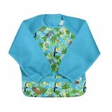 Waterproof bib with sleeves and reversible pocket, Aqua Sloth Jungle, 12-24 months, Green Sprouts