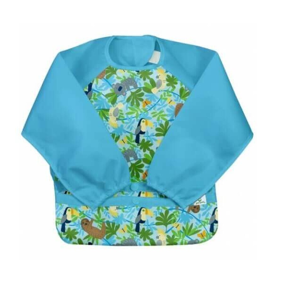 Waterproof bib with sleeves and reversible pocket, Aqua Sloth Jungle, 2-4 years, Green Sprouts