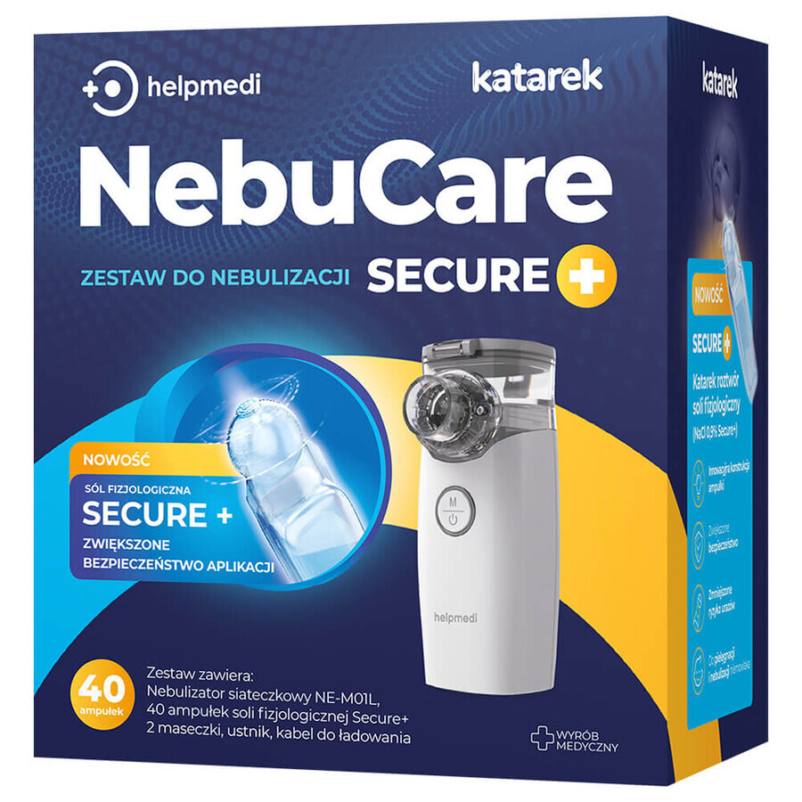 NebuCare Secure+, Verneblerset, NE-M01L Netzvernebler + 0,9% NaCl-Kochsalzlösung, 5 ml x 40 Ampullen