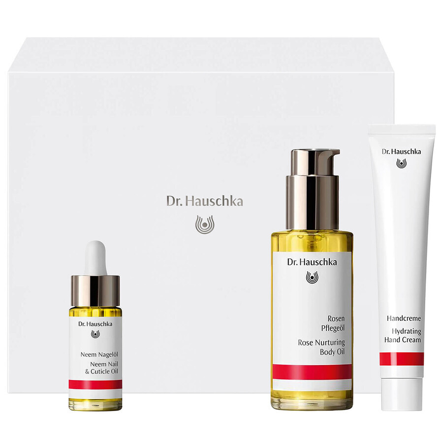 Dr. Hauschka Set corp frumos, cremă de mâini hidratantă, 50 ml + ulei de îngrijire a corpului, 75 ml + ulei de unghii, 18 ml