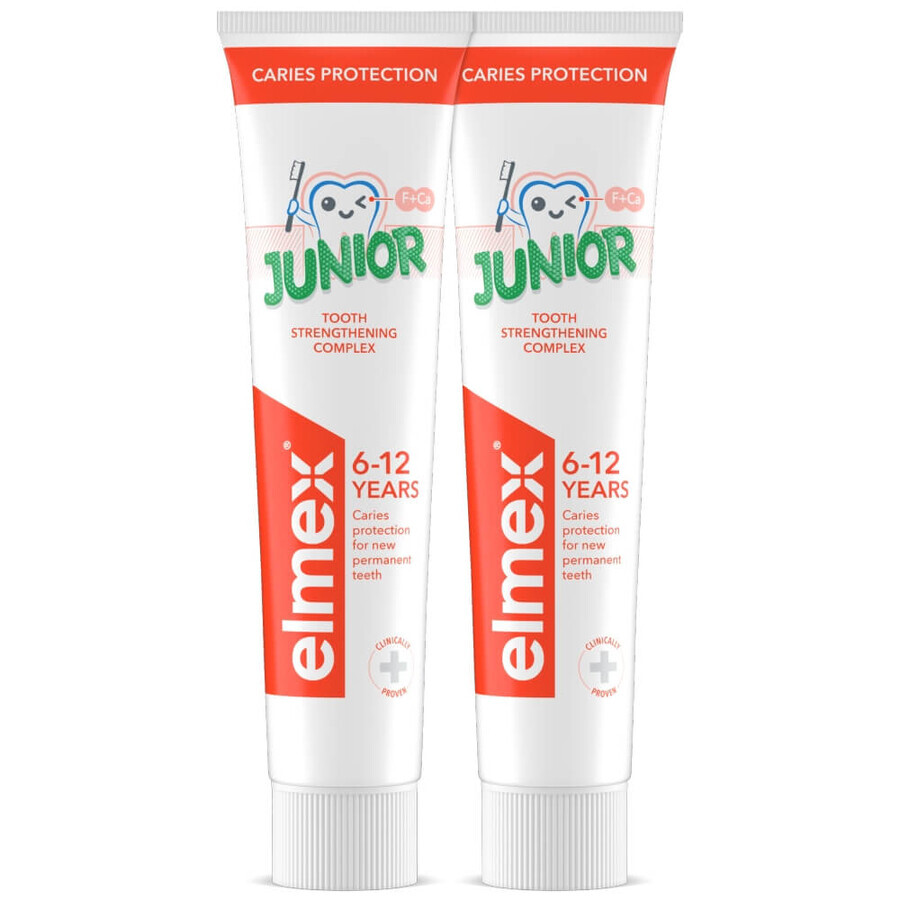 Elmex Caries Protection Junior, dentifrice pour enfants, 6-12 ans, 2 x 75 ml EMBALLAGE BRISÉ