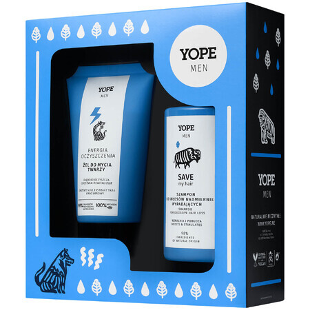 Set uomo Yope, Energia detergente, Gel detergente per il viso, 150 ml + Save my Hair, Shampoo per la caduta dei capelli, 300 ml CONFEZIONE ROTTA