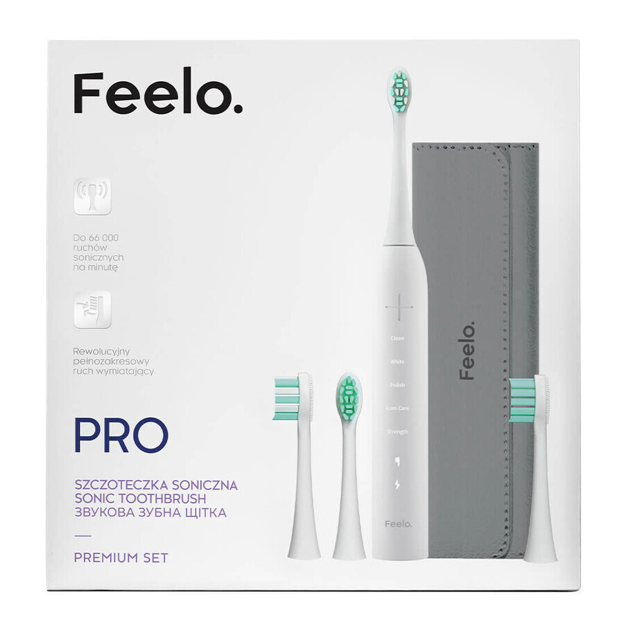 Set Feelo Pro Premium, spazzolino sonico con custodia e 4 punte, bianco