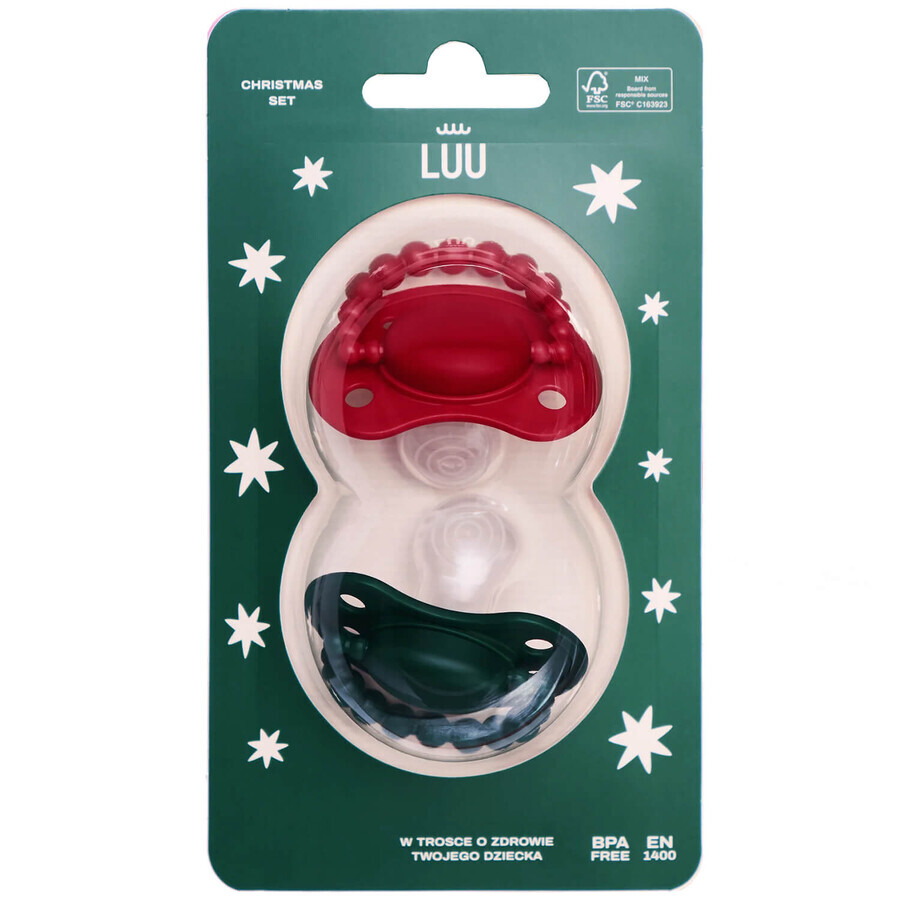 Luu Kids set, fopspeen, positionering, silicone, Holy Green & Santa Red, 0-3 maanden, 2 stuks