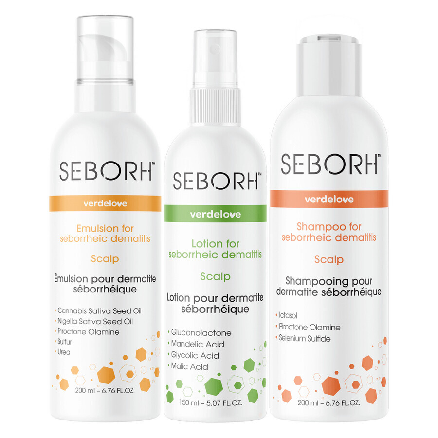 Verdelove Seborh kit per la dermatite seborroica, shampoo 200 ml + emulsione 200 ml + liquido 150 ml