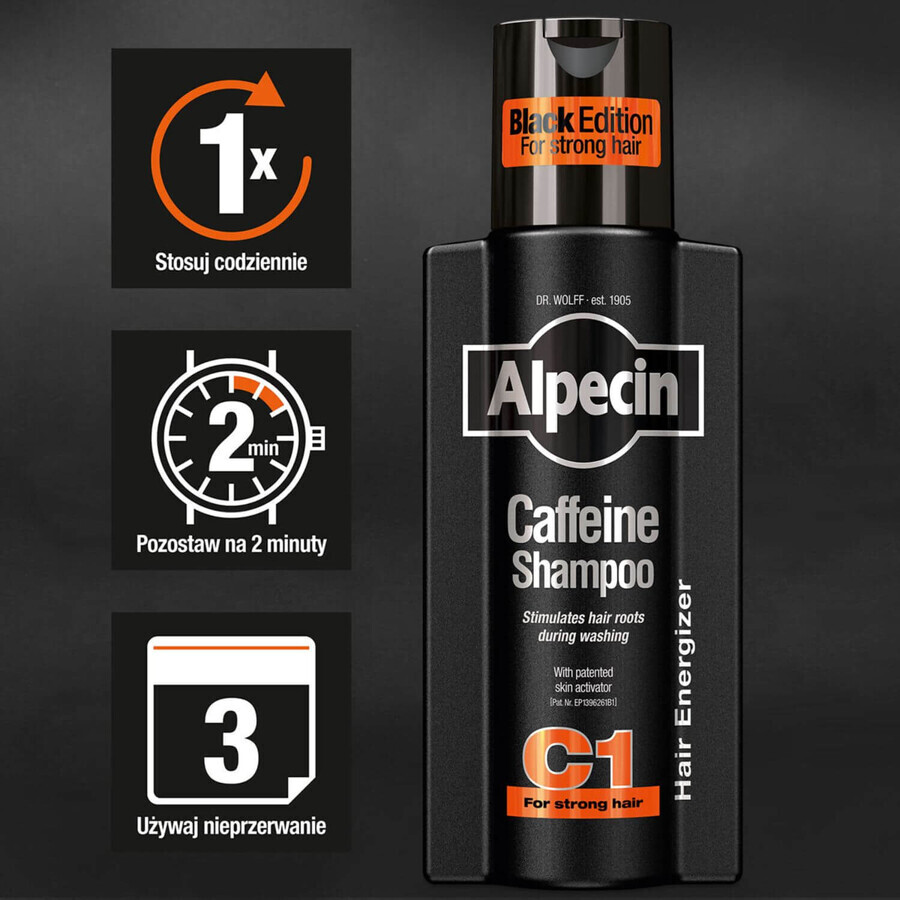 Alpecin C1 Caffeine Black Edition, champú estimulante del crecimiento capilar, 250 ml