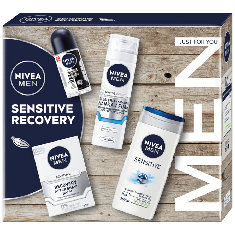 Kit Nivea Men Sensitve Recovery, schiuma da barba, 200 ml + balsamo dopobarba, 100 ml + gel doccia, 250 ml + roll-on antitraspirante, 50 ml