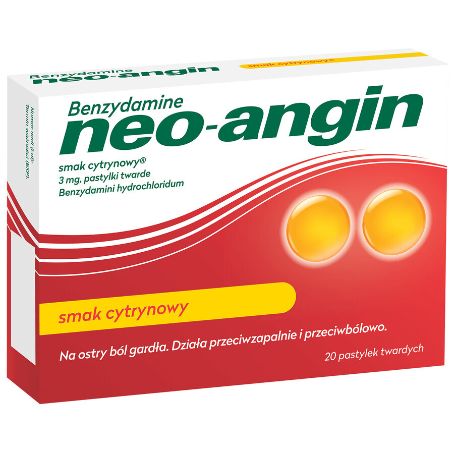 Benzidamina neo-angina 3 mg, al gusto di limone, 20 compresse rigide