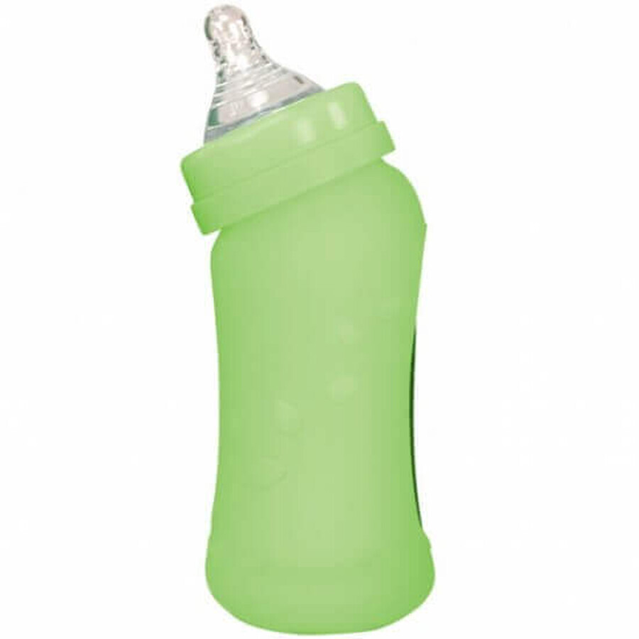 Bottiglia in vetro inclinata con protezione in silicone, Verde, 210 ml, Green Sprouts