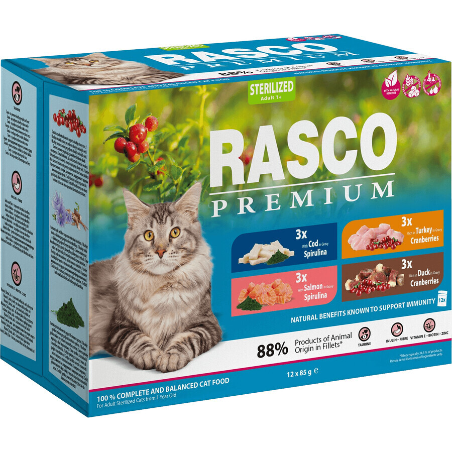 Rasco Premium Sterilised Cat Pouch - salmone, merluzzo, anatra, tacchino 12 x 85 g