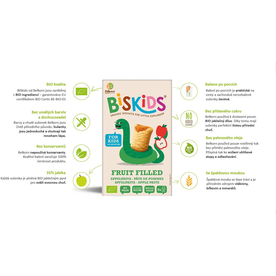 Belkorn BISkids Biscotti morbidi biologici per bambini con purea di mela senza zuccheri aggiunti 34% di frutta 150 g