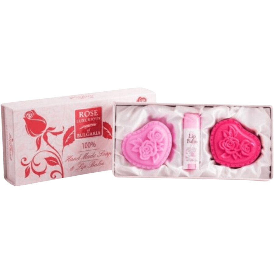 Set regalo Rose di Bulgaria 2x Sapone e balsamo per labbra di lusso