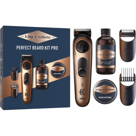 Set regalo da uomo Gillette King C., regolabarba PRO, trimmer + shampoo barba 60ml + balsamo barba 100ml