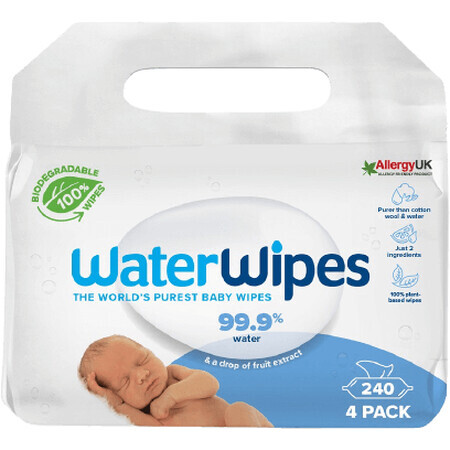 100% Organic Water Wipes Biodegradable Wipes, 4 x 60 pcs