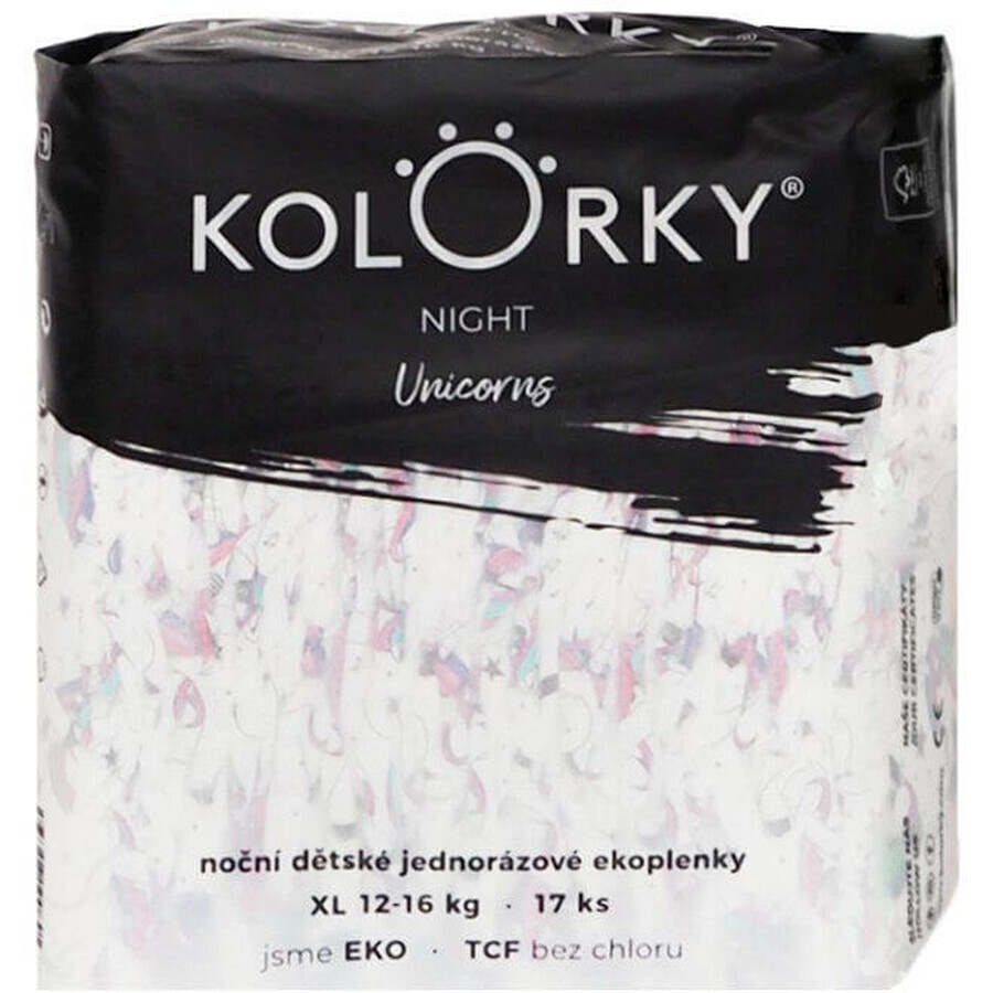 Kolorky NIGHT Unicorns, XL (12-16 kg), Organic disposable night diapers 17 pieces