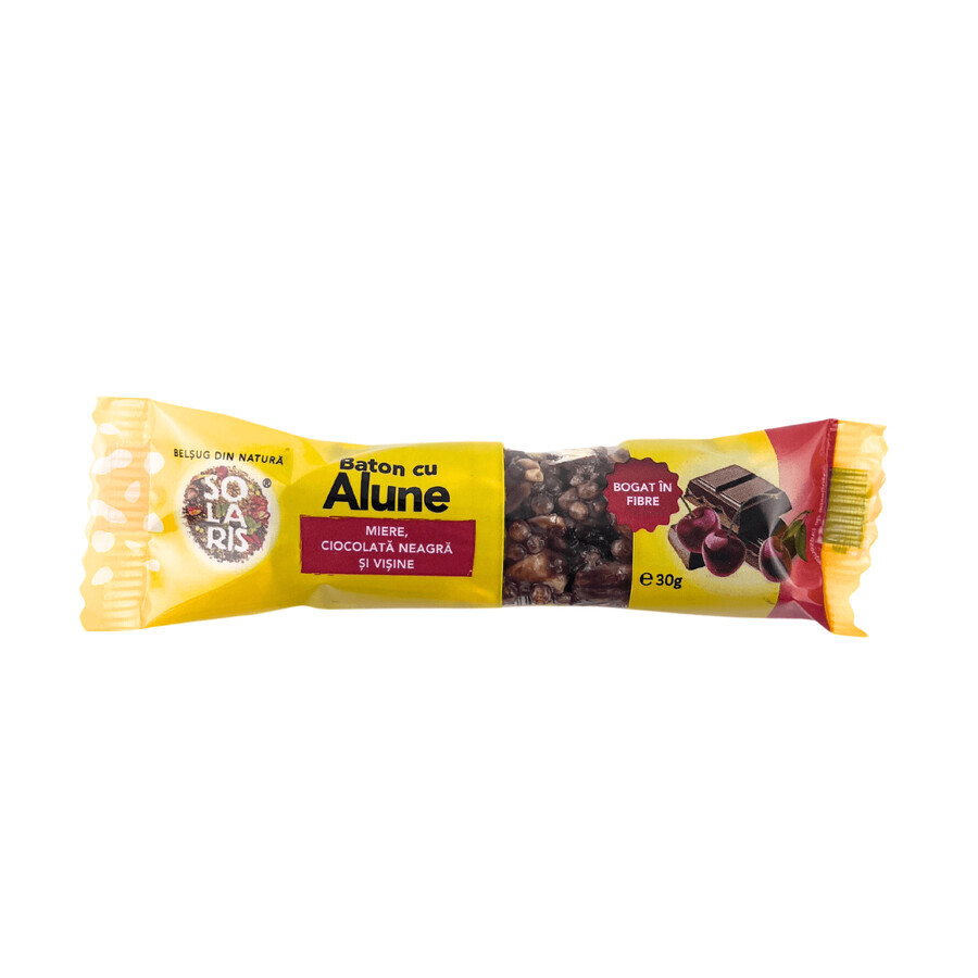 Barretta con nocciole, miele, cioccolato fondente e ciliegie, 30 g, Solaris