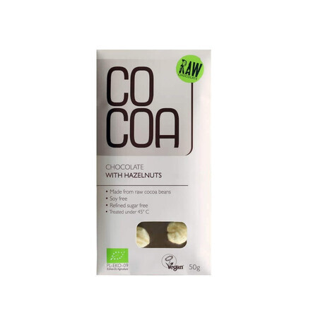 Raw chocolate with Eco hazelnuts, 50 gr, Cocoa