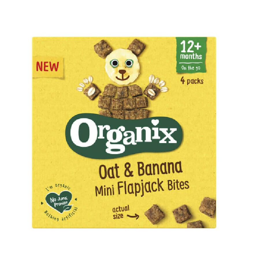 Morbidi cubetti biologici di avena integrale e banane Flapjack, +12 mesi, 4x20 gr, Organix