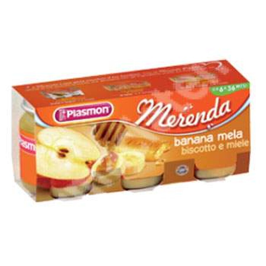 Postre con plátanos, manzanas, galleta y miel Merienda, +6 meses, 3x 120 g, Plasmon