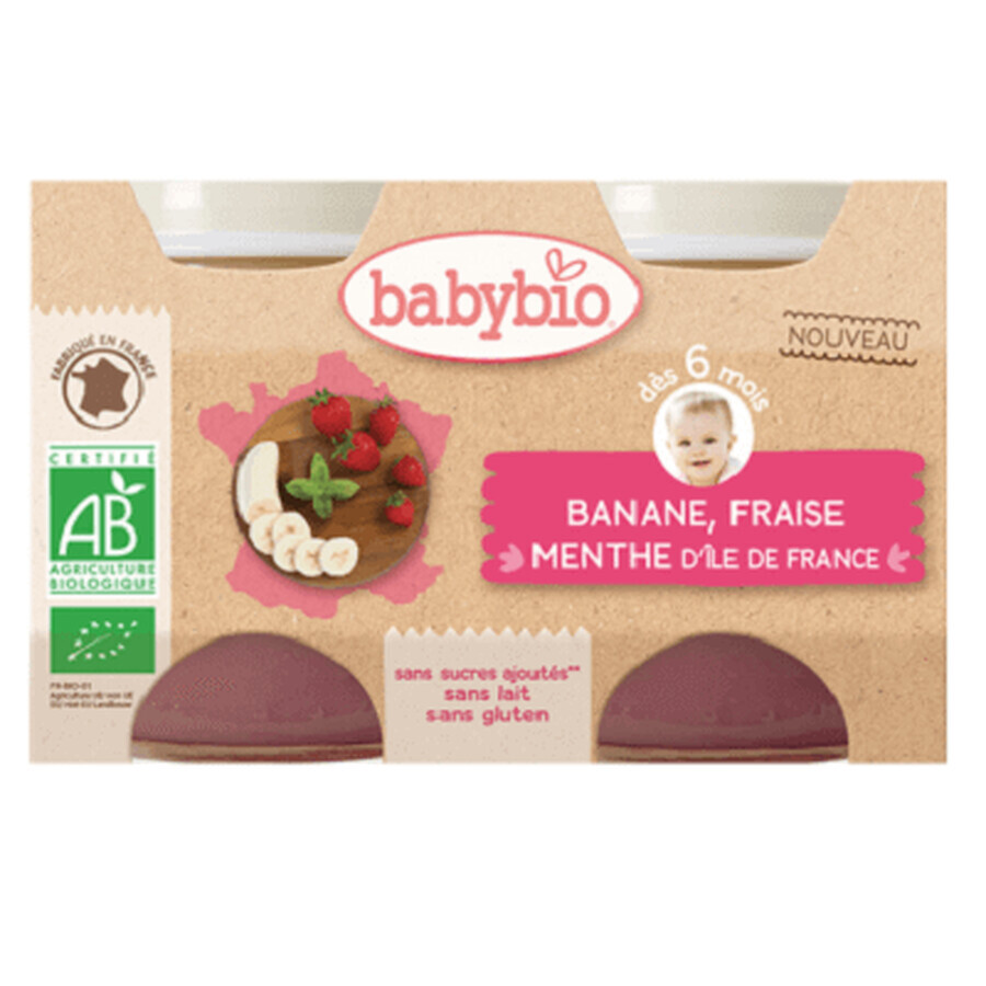 Sugar-free banana, strawberry and mint dessert, +6 months, 2x 130 g, BabyBio