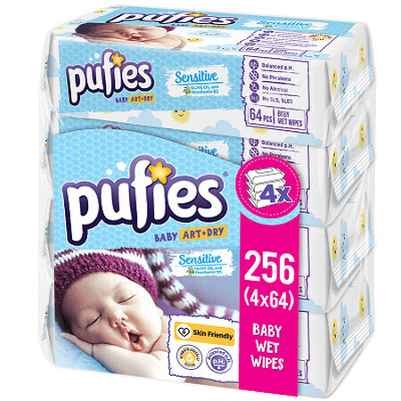 Salviettine umidificate Pufies Baby Art Sensitive, +0 mesi, 4x64 pezzi, Ficosota Sintez