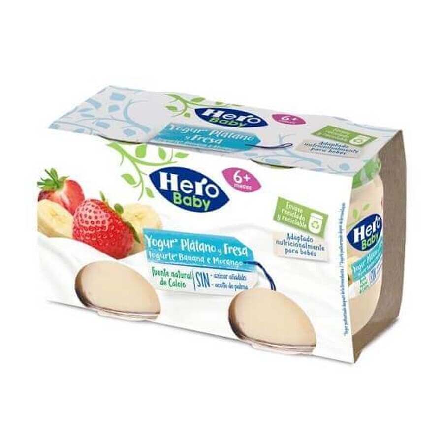 Yogur de plátano y fresa, +6 meses, 2x 120 gr, Hero Baby