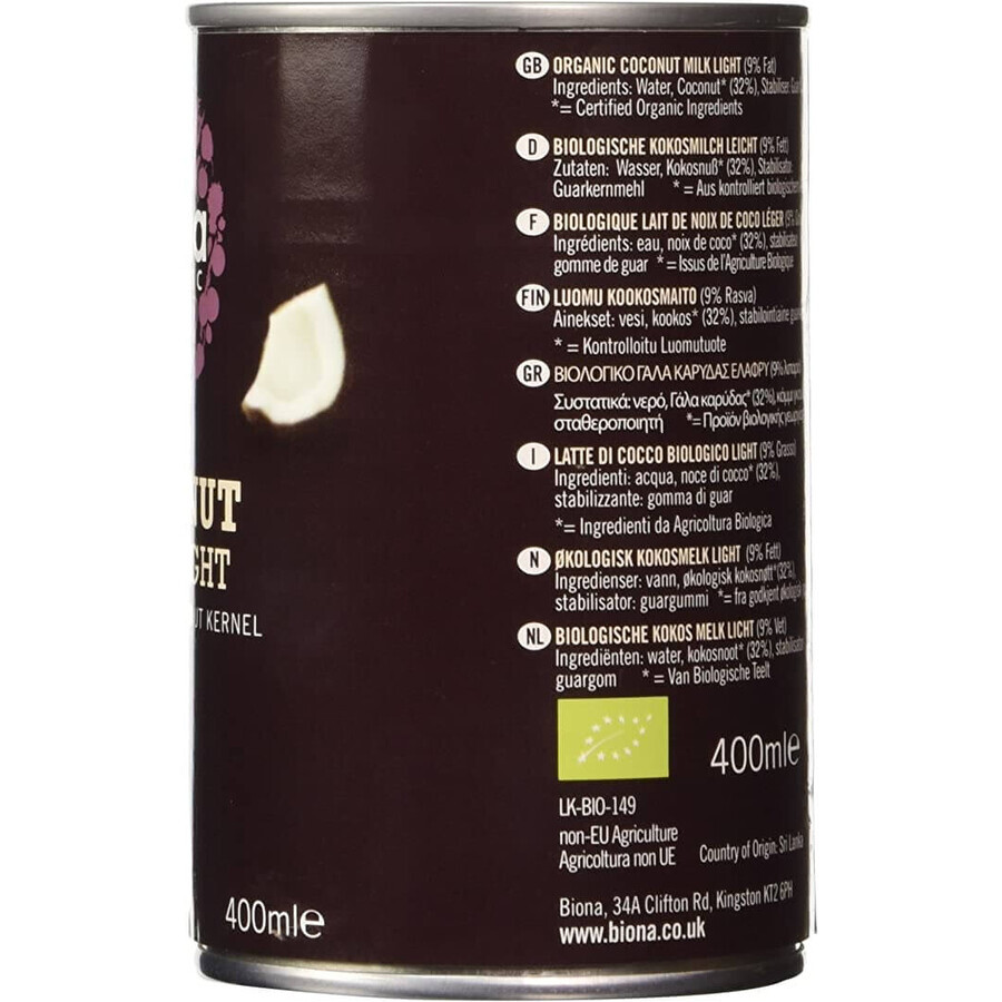 Latte di Cocco Leggero Bio, 400 ml, Biona