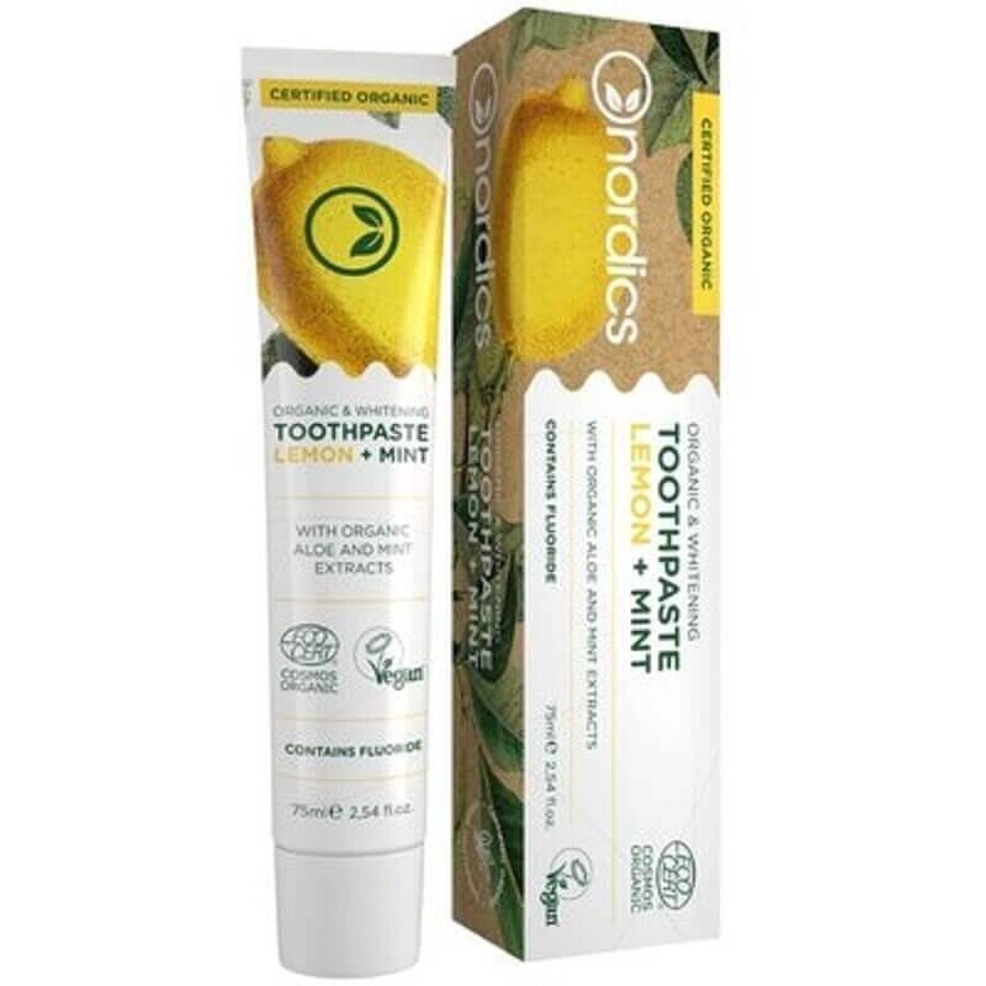 Dentifrice biologique blanchissant au citron et à la menthe, 75ml, Nordics