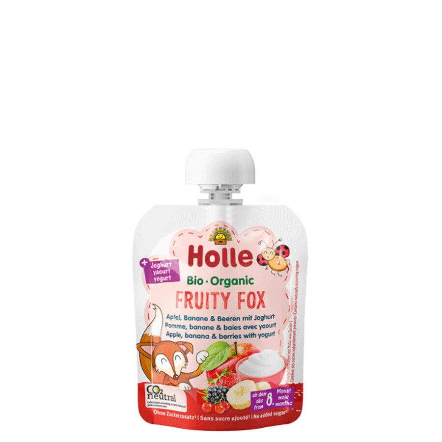 Bio Apfel-, Bananen- und Beerenpüree mit fruchtigem Fuchsjoghurt, 85g, Holle