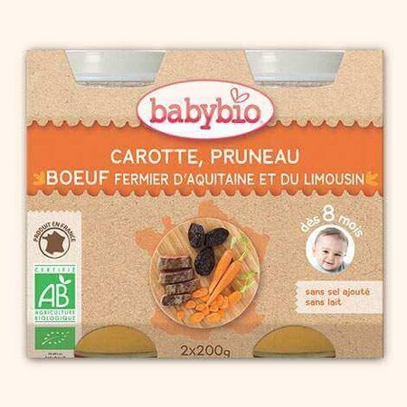 Purea biologica di manzo di fattoria, carote e prugne, +8 mesi, 2X200g, BabyBio