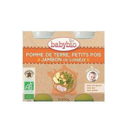 Purée de pommes de terre, petits pois et jambon de Corrèze bio, +8 mois, 2x 200g, BabyBio