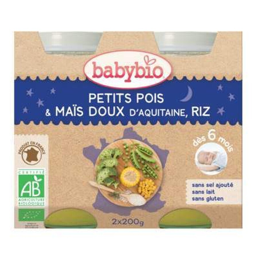 Organic mashed peas, sweet corn and rice, +6 months, 2x 200g, BabyBio