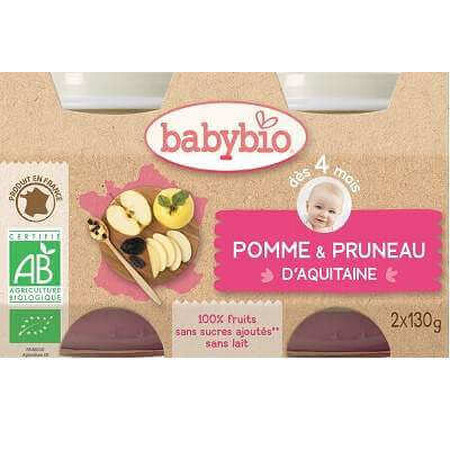 Organic Apples and Dried Plums Puree, +4 months, 2x 130g, BabyBio