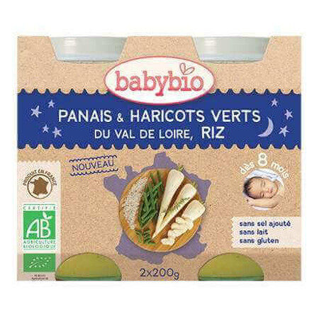 Organic mashed parsnip, green beans and rice, +8 months, 2x 200g, BabyBio